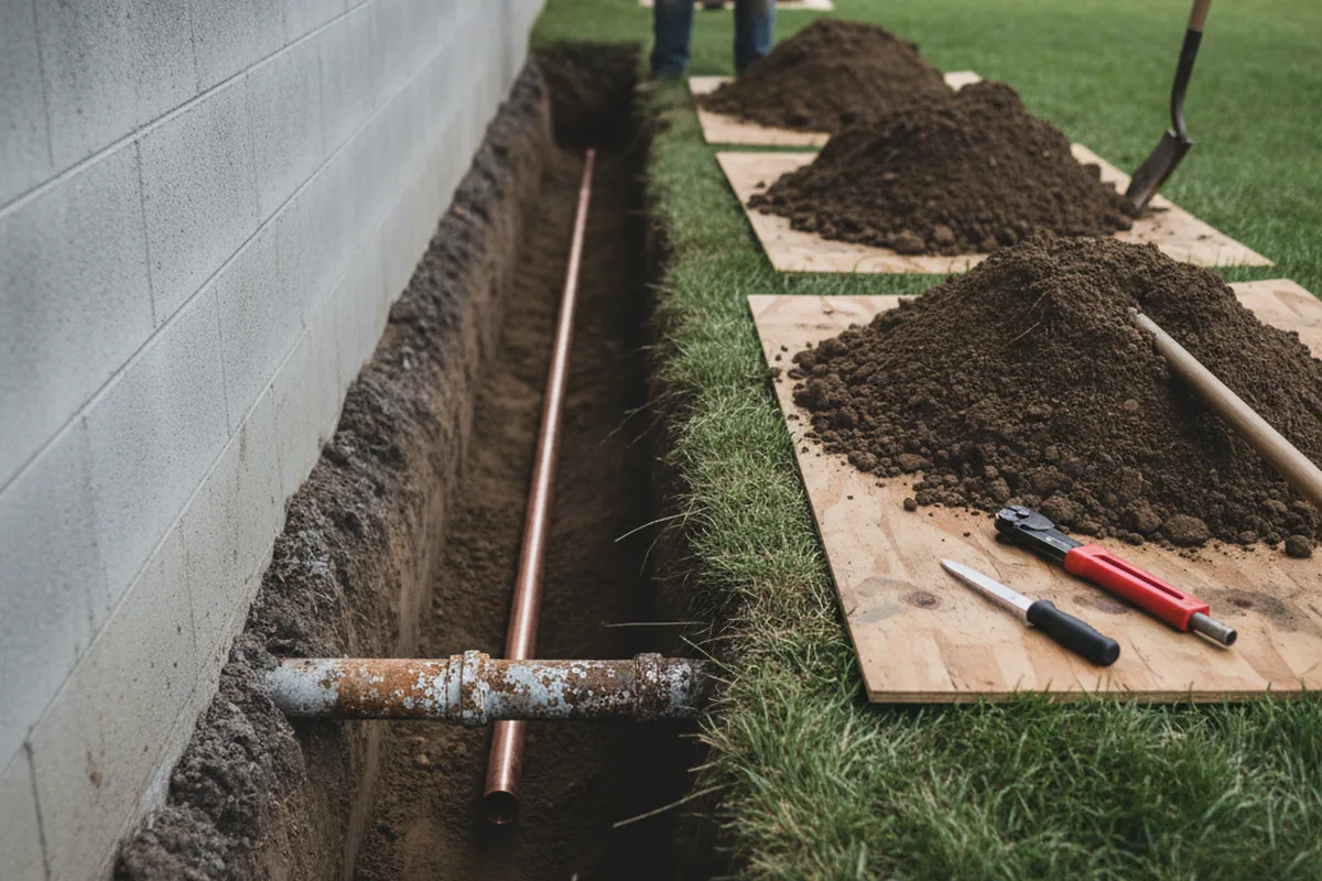 Excavated water line trench during Water Softener Installation in Rayne